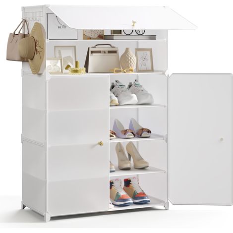 Mondeer – Meuble à chaussures 6 niveaux pour 18 paires – Étagère modulable en polypropylène avec portes – Dimensions 60L x 30P x 93H cm – Blanc (1/5)