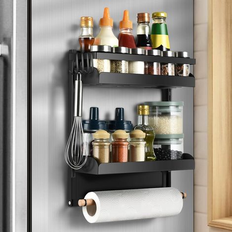 Etagere Magnetique Frigo, Multifonction Etagere Epice Magnétique Puissant, Rangement Cuisine Gain de Place avec Porte Sopalin et 4 Petit Crochets pour Réfrigérateur, Machines à Laver (Noir) (1/5)