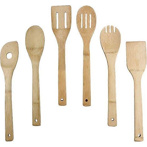 Cuillères en bois, ustensiles de cuisine, ensemble de 6 cuillères en bois, spatule en bois pour la cuisine, louche en bois ajourée, cuillère en bambou (1/5)