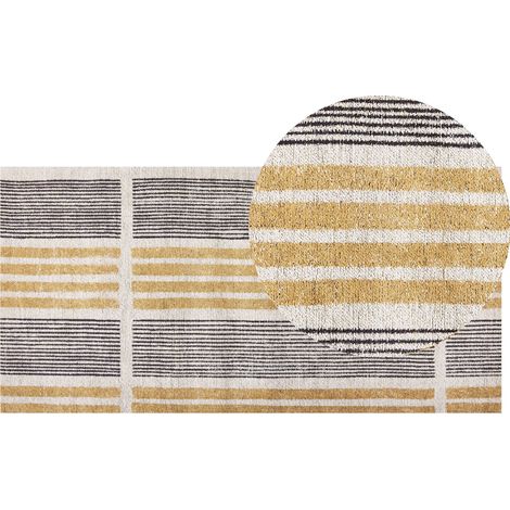Alfombra de algodón amarillo negro beige 80 x 150 cm tejido plano a rayas Katra (1/5)