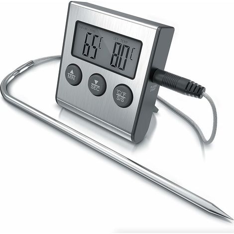 DEESSE SHOP - Thermomètre numérique pour gril avec sonde en acier inoxydable - 2 modes - Température avec signal d'alarme - Minuterie 0-99:59 min. - Plage de mesure -26° - 250°C - Thermomètre à rôtir (1/5)