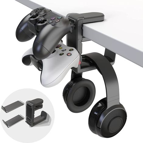 Support Casque avec Bras Pivotant à 360 Degrés, Porte Casque Support Écouteur Crochet Audio Gamer avec Deux Clip de Câble, Universel pour Casque, Noir