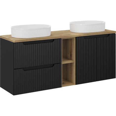 Ensemble meuble salle de bain suspendu noir et naturel NOVA 140cm – Double vasque ovale blanche avec plan et rangements (1/5)