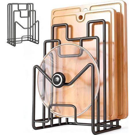 Saijer Lot de 2 supports pour planche à découper, 2 supports de planche à découper, noir, couvercle de casserole, organisateur de planche à découper avec 4 compartiments (1/5)
