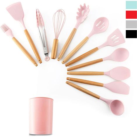 Utensili Cucina Silicone Set 11pz Mestoli Manico Legno Appendibili Antiaderenti
