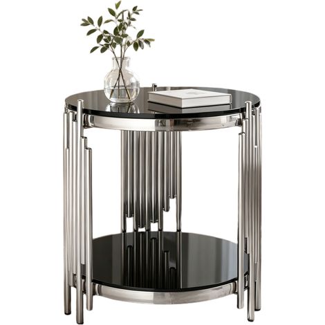 Mesa auxiliar redonda de 45 cm de vidrio templado negro con estructura de acero inoxidable plateado (1/5)