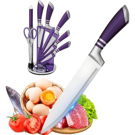 Juego de cuchillos de cocina, acero inoxidable de alto carbono, diseño ergonómico, color morado. (1/2)