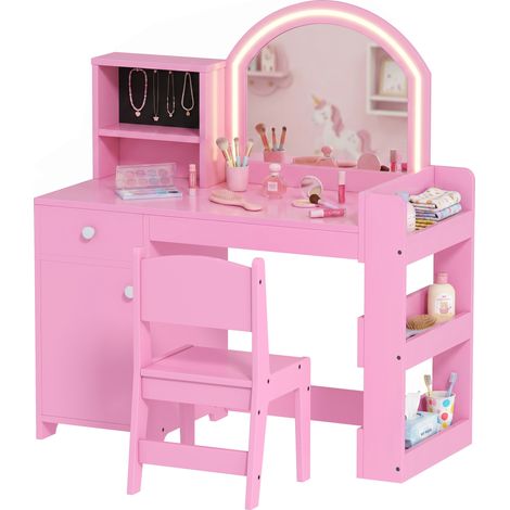 Coiffeuse enfant avec tabouret et miroir LED, table de maquillage pour 3‑8 ans, dimensions 88,6 x 38,8 x 96,9 cm, rose (1/5)