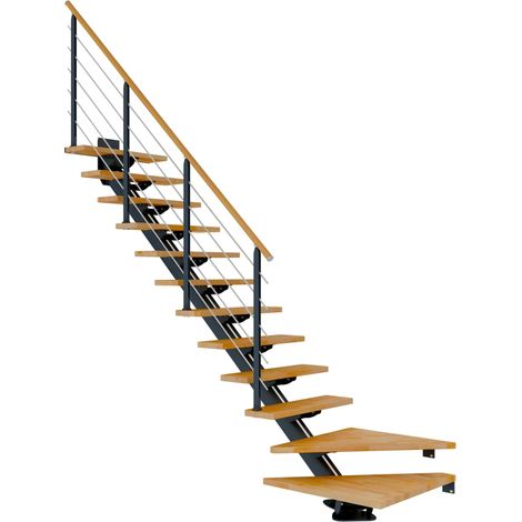 Dolle Mittelholmtreppe Sydney in Buche, geölt 75 cm breit 1/4 gewendelt für Geschosshöhen 240 – 292 cm UK Metall Anthrazit mit einseitigem Designgeländer
