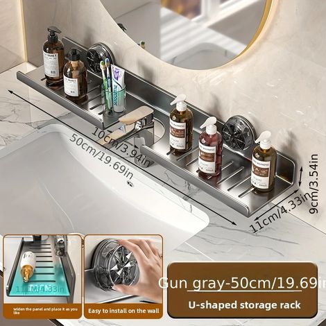 (Gray U) Organisateur mural multifonctionnel à ventouses pour robinet, rangement pour produits de maquillage et articles de toilette, avec égouttoir. (1/5)