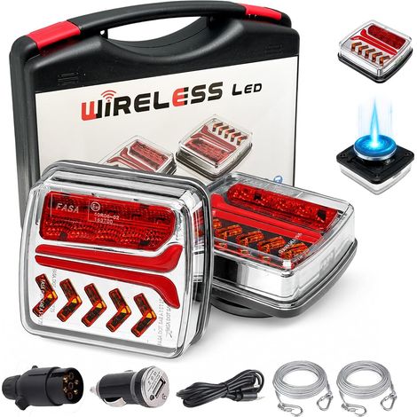 Paquete de 2 Luces Traseras Inalámbricas con Base Magnética para Remolque 12V/24V, Recargables con 5 Funciones de Iluminación, Receptor EU de 7 Pines, Impermeable IP67, Cables Antipérdida Incluidos pa (1/5)