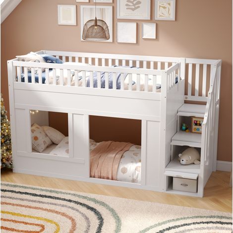 Lit adulte 90x200 rangement escalier bois massif blanc HAVRYA (1/5)