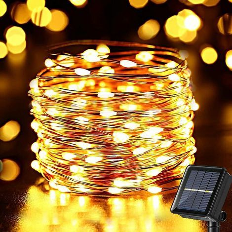 Guirnalda de luces solares para exteriores, 10 m, 100 LED, cable de cobre, 8 modos, resistente al agua, para jardín, patio o balcón (blanco cálido). (1/5)