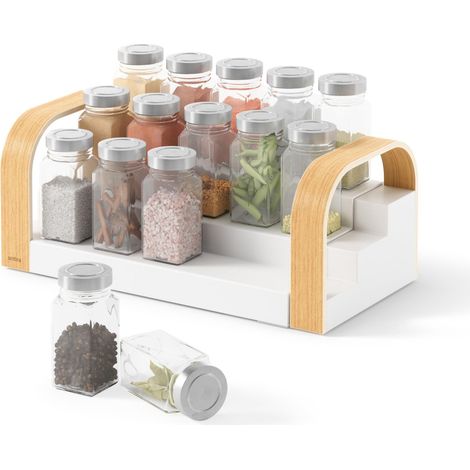 Étagère à épices extensible, trois niveaux, Blanc/Naturel (1/5)