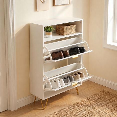Meuble à Chaussures Blanc 60 x 26 x 101 cm - Armoire à Chaussures avec 2 Tiroirs Rabattables, Compartiment de Rangement, Étagère Supérieure, Pieds Métalliques Dorés - Meuble d'Entrée Moderne (1/5)