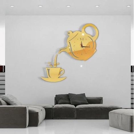 Reloj de pared decorativo con forma de tetera, de estilo creativo y moderno. Espejo acrílico para armar. (1/4)