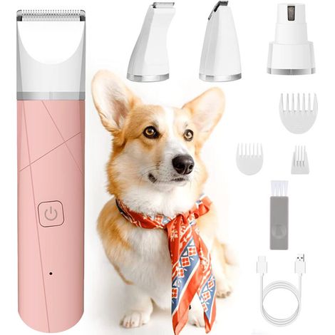 4-in-1 Professional Dog Clipper: Silent Dog Clippers, IPX7 Waterproof, Cordless Pet Grooming Trimmer with USB Rechargeable Cable for Cats and Other Pets (White)