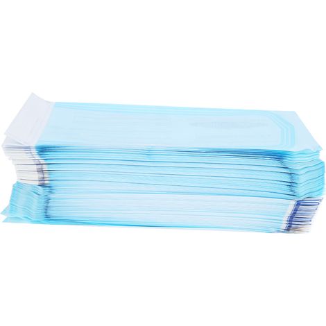 200 sachets auto-scellants pour fournitures dentaires, pochettes en PVC transparent bleu pour stérilisation (90 x 260 mm) (1/5)