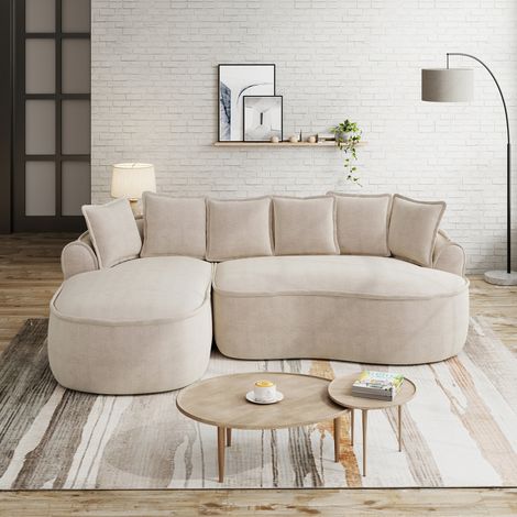 Canapé d’angle modulare in ciniglia marrone chiaro, senza struttura, con chaise longue profonda e cuscini