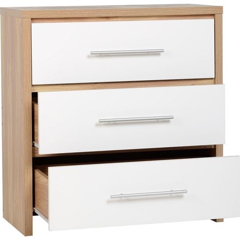 Seville 3 Drawer Chest - L39 x W80 x H86 cm - White High Gloss/Light Oak Effect Veneer (1/4)