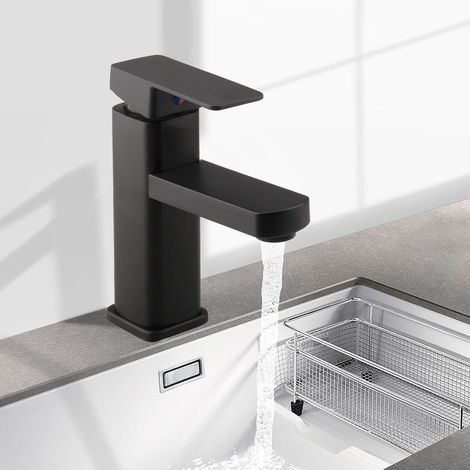 Robinet Salle De Bain Noir Design Elégant Mitigeur Lavabo avec Cartouche Céramique Robinet Lavabo Salle De Bain Tuyau Eau Chaude et Froide de 80cm et Matériau en Laiton Épaissi Chromé (1/5)