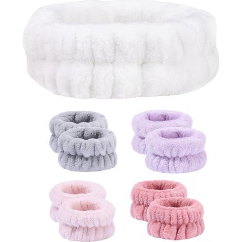 Bandeau de toilette et serre-poignets en microfibre molletonnée pour femme, lot de soin spa, yoga, sport, lavage visage, douche, cheveux (1/5)