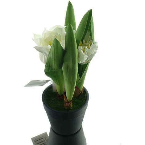 GASPER Tulpen Weiß im schwarzen Mini-Topf 19 cm hoch - Kunstpflanzen