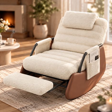 Rocking chair, Fauteuil à bascule avec repose-pieds pliable, chaise de relaxation, dossier réglable 3 positions, chaise longue, laine, style moderne, beige (1/5)
