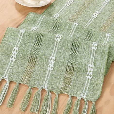 Tovaglia rustica da tavola, stile country, con ricami in macramè, 30 x 229 cm, verde salvia. (1/5)