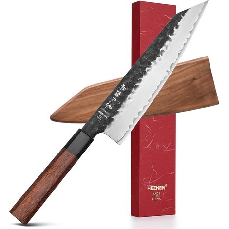 8.5 inch Kiritsuke knife, 3-layer composite forged steel chef knife, Japanese kitchen knife, red wood octagonal handle and wooden scabbard (1/5)