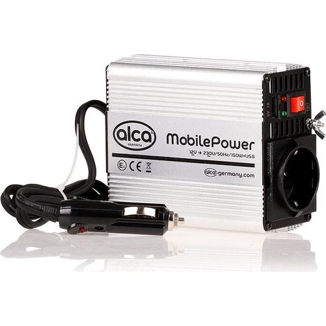 alca® MobilePower Power-Inverter 12V auf 230V, 150W Dauerleistung (300W max), USB-Anschluss 5V, Schuko-Steckdose, modifizierte Sinuskurve, KFZ-Spannungswandler für Laptop, Smartphone, Kamera, Camping,