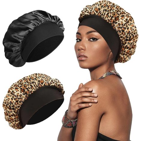 Bonnet de Soie pour Dormir, Satin Doux et Confortable, Noir, Imprimé Léopard