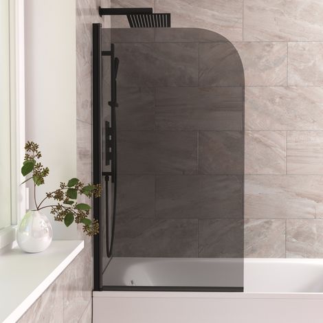 Denver 800mm Curved Bath Screen Matt Black Profile Grey Tinted Glass Reversible (1/5)