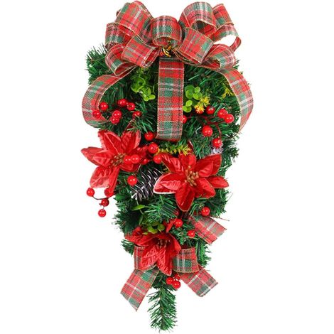 Couronne de Noël avec nœud papillon, couronne artificielle en PVC pour porte d'entrée, décoration de Noël pour porte, mur ou cheminée (1/5)