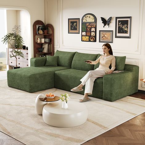 Canapé d'angle 3 places 241 cm, canapé 3 places tissu en velours côtelé vert, canapé 3 places salon modulaire avec méridienne en L, assise profonde, sans montage, livré en 2 colis, 36,9 kg