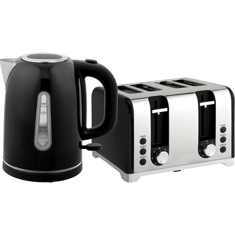 Kettle and Toaster Set, 1.7L 3000W Rapid Boil Jug Kettle with Otter Thermostat, Limescale Filter, 4 Slice Toaster with 7 Browning Controls, Crumb Tray, LED Strip, Black