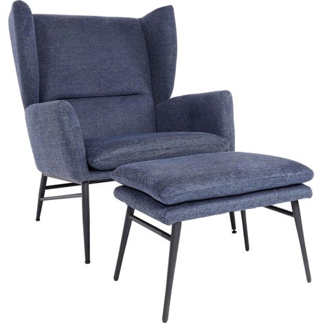 Lounge-Sessel mit Ottomane HHG-259, Sessel Polstersessel Cocktailsessel Hocker, Stoff/Textil blau