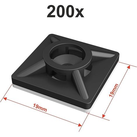 200 x Cable Tie Bases, 19 mm x 19 mm, Black, Cable Clamps, Plastic Cable Clamp Holder (1/2)