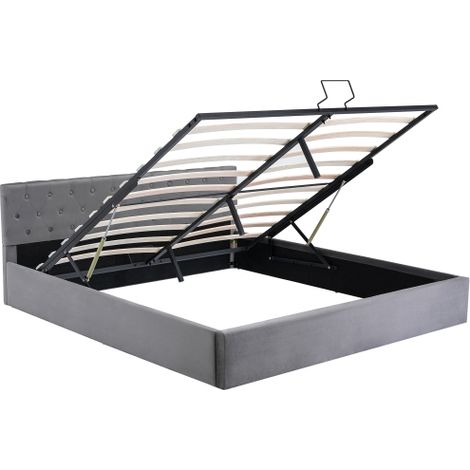 Lit coffre double avec sommier velours-tissu Lit rembourré Sommier à lattes Lit double Rangement Pied en bois (Gris, 180 x 200 cm) (1/5)