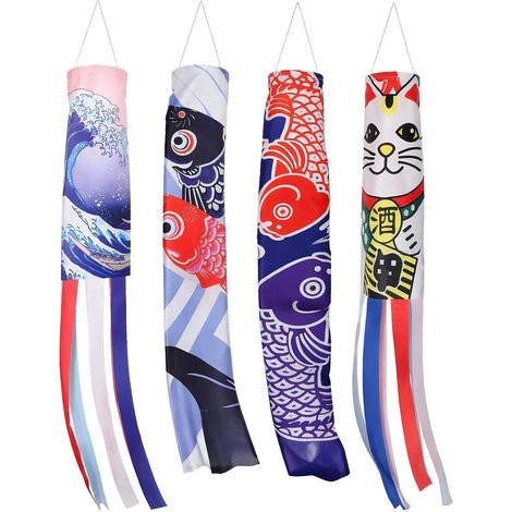 4er Set Windsäcke 70cm mit Fisch- & Katzenmotiv, wetterfest, hängende Gartendeko
