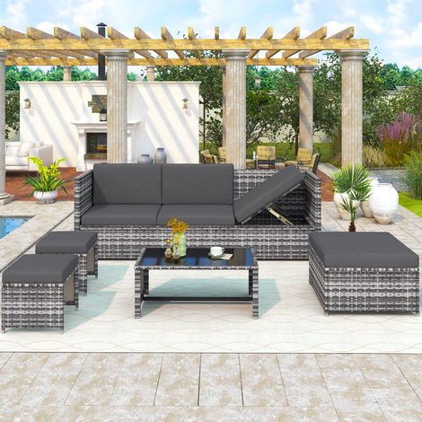 Rattan Garden Furniture Set 6 Seater Rattan Sofa Set, Outdoor Sun Lounger with adjustable angle, Glass Top Coffee Table (1/5)
