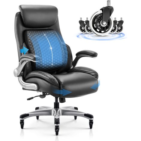COLAMY Ergonomischer Bürostuhl – Bürostuhl mit einziehbarer Lendenstütze, verbesserten Rollen, verstellbarer Kopfstütze und Armlehnen, schwarzem Leder, dickem Sitzkissen – Schwarz (1/5)