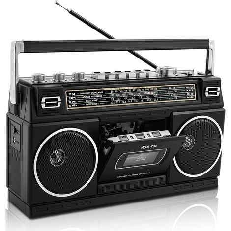 Boombox retrò anni '80 con Bluetooth e lettore di cassette Radio AM/FM/SW1/SW2, suono potente con bassi (24 W), compatibile con USB/Micro SD, portatile per uso interno ed esterno (1/5)