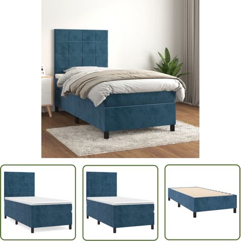 The Living Store Sommier à lattes de lit avec matelas Bleu foncé 90x200 cm - Lit Tapissier - Lit Double - Matelas Ressort Ensaché - Tête De Lit Ajustable - Literie Velours (1/5)