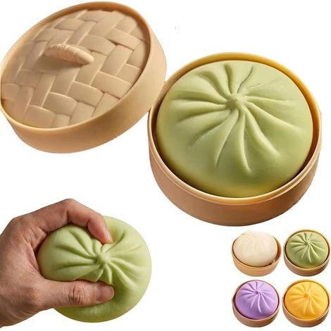 Squishy Ravioli Toy with Mini Steamer Basket, Realistic Slow-Rising Steamed Bun Sensory Toy, Interactive Cat Toy - Green