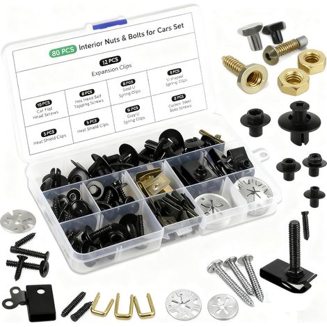 Clips De Fixation Voiture, 80 Pièces Vis und Clips Voiture Kit, Vis Carrosserie Voiture avec Verrouillage Rondelle Clips, U Clips Et Des Vis Kit pour Ailes Voitures et Panneau Porte Intérieur (1/5)