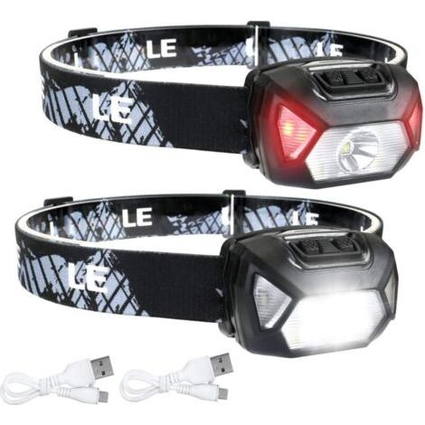 Lampe Frontale LED Rechargeable Puissante, D500 Torche Frontale LED USB 2000lux Lumière Blanche et Rouge 6 Modes d'Éclairage IPX6 pour Cyclisme, Camping, Randonnée, Bricolage - 2 Pcs [Classe énergétiq