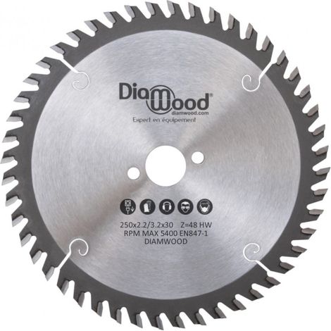 Diamwood – Lame de scie circulaire 250 mm – Alésage 30 mm – 48 dents – Denture alternée pour bois dur et tendre – Carbure de tungstène HM