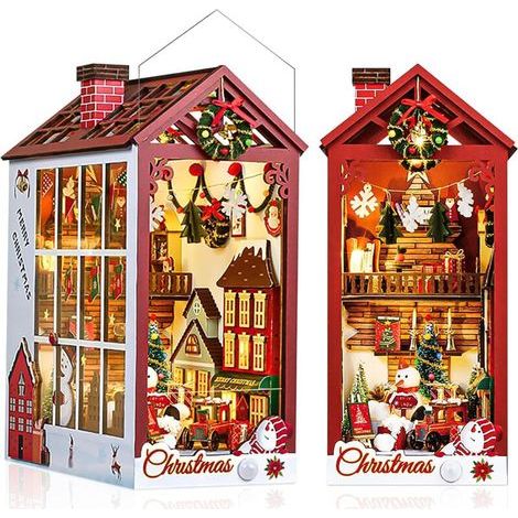 Modèle de maison de décoration de table de cabine bricolage, maison de poupée en bois de noël avec boîte à musique et cache-poussière, kit de petite maison, noël, puzzle en bois 3D, kit de constructio (1/5)