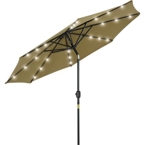 Parasol octogonal inclinable Ø 2,7 x 2,4 m lumineux solaire 24 LED polyester haute densité 180 g/m² marron